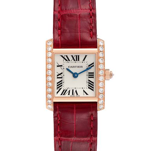 This image shows a front angle of the Cartier Tank Francaise WE104531 Women's Rose Gold Silver Dial WE104531 Women's Rose Gold Silver Dial watch, highlighting its rectangular case, leather strap, and diamond accents.