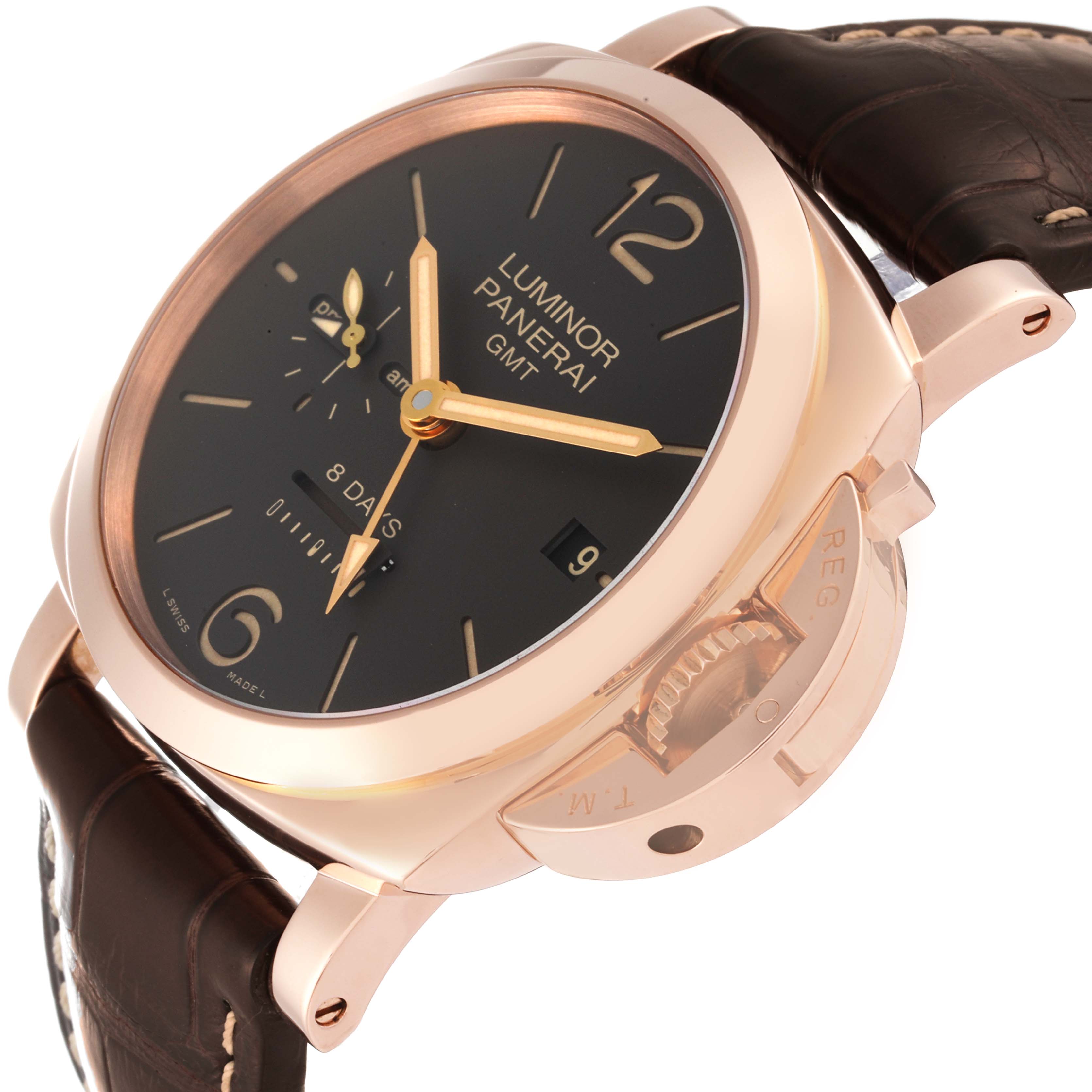 The image shows a Panerai Luminor PAM00576 Men's Rose Gold Brown Dial PAM00576 Men's Rose Gold Brown Dial watch at an angle highlighting the face, case, and crown.