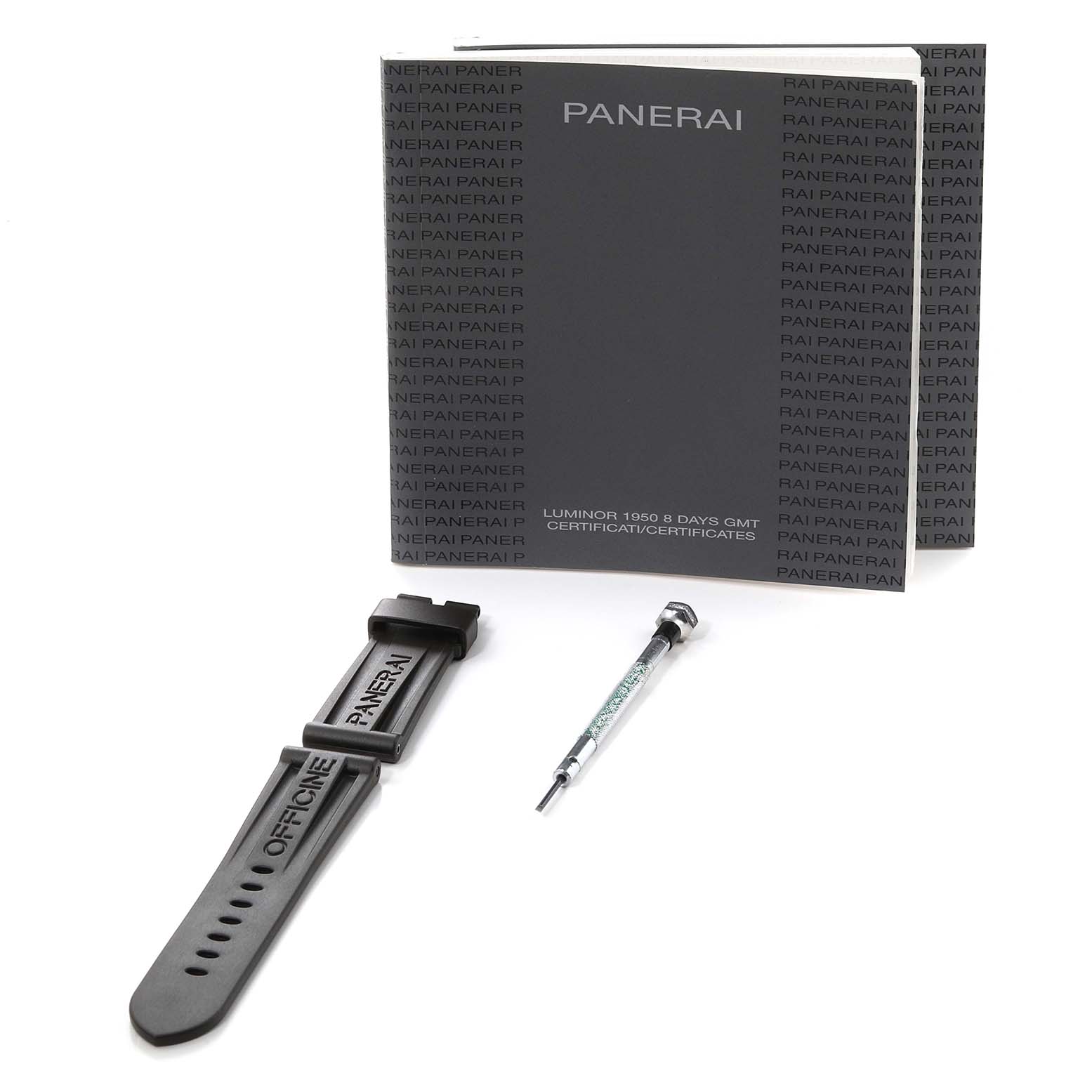 The image shows a Panerai Luminor PAM00576 Men's Rose Gold Brown Dial PAM00576 Men's Rose Gold Brown Dial watch accessory set including a strap, a tool, and a certificate book.