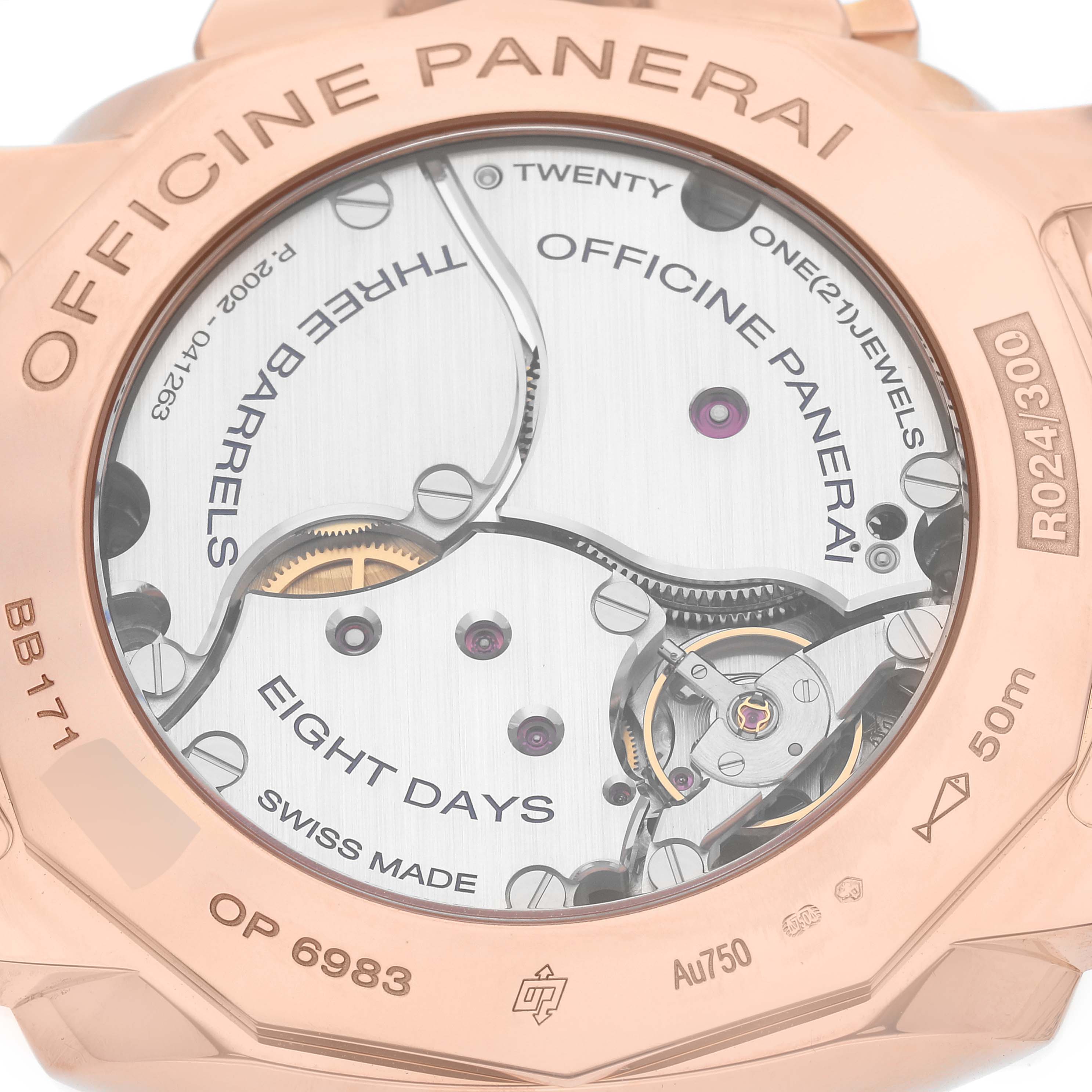 This is a rear angle view showing the movement and inscriptions inside a Panerai Luminor PAM00576 Men's Rose Gold Brown Dial PAM00576 Men's Rose Gold Brown Dial watch.
