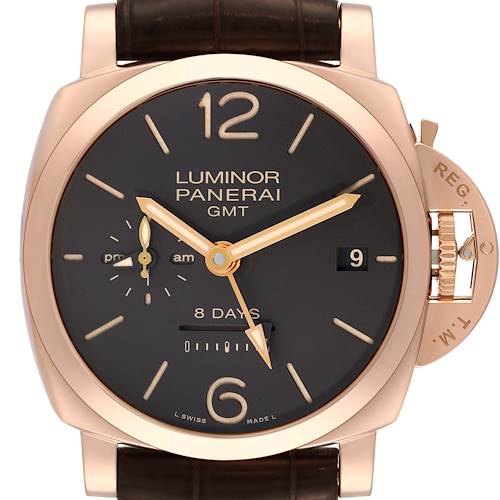 The image shows a front view of the Luminor Panerai GMT watch, highlighting the dial, hands, and crown guard.