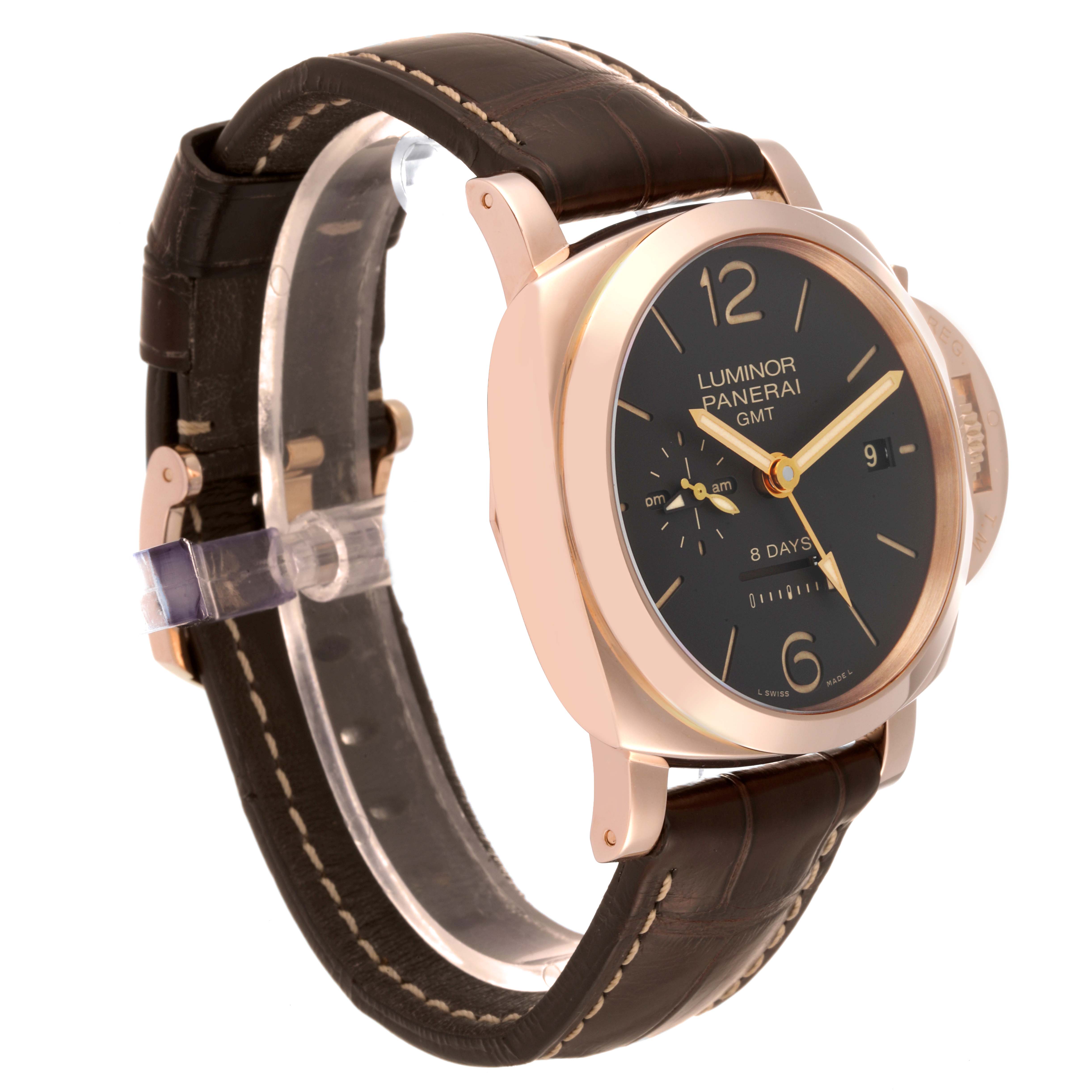 The image shows a side view of a Panerai Luminor PAM00576 Men's Rose Gold Brown Dial PAM00576 Men's Rose Gold Brown Dial watch displaying its dial, crown, and leather strap.