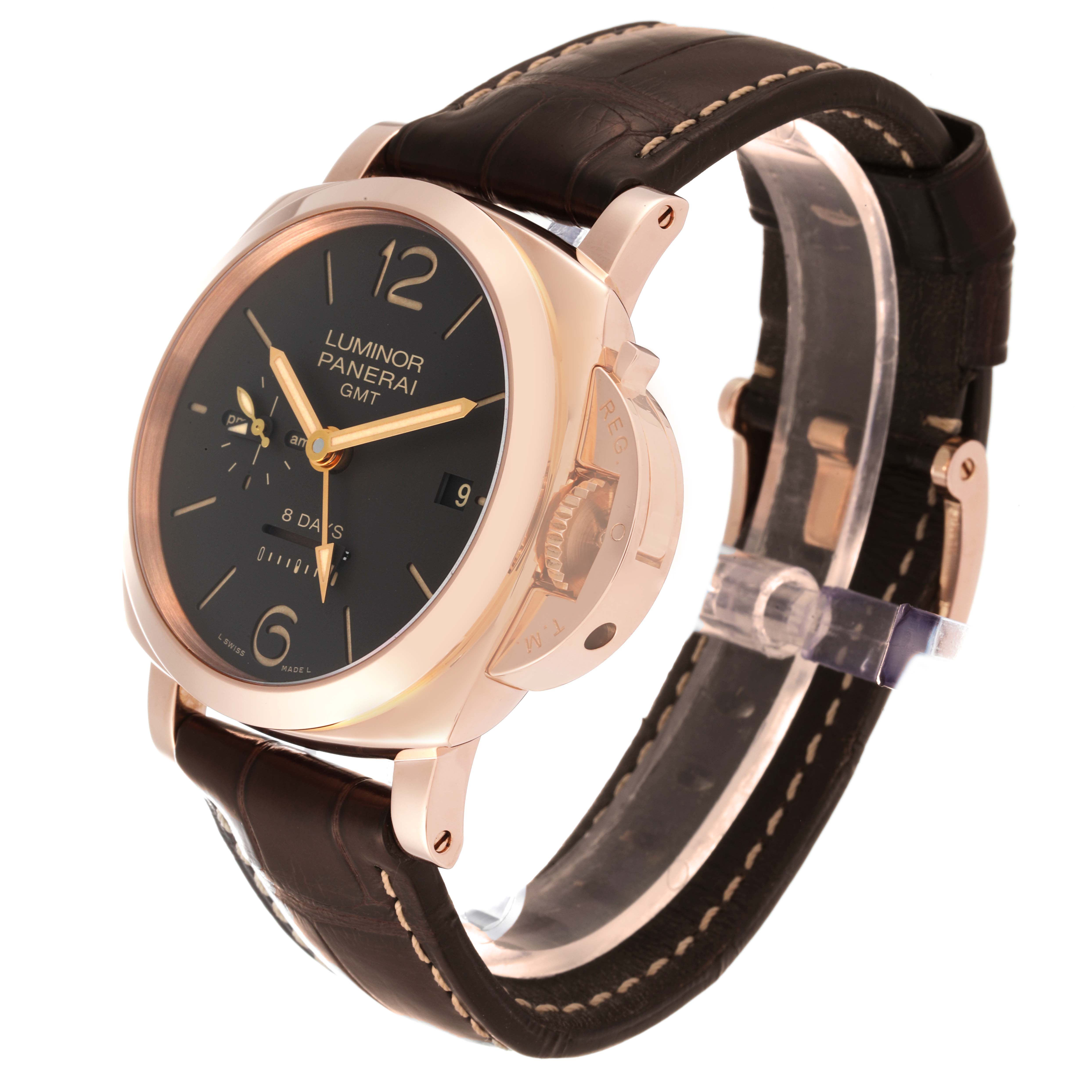 This image shows a Panerai Luminor PAM00576 Men's Rose Gold Brown Dial PAM00576 Men's Rose Gold Brown Dial model watch from a three-quarter front angle displaying the dial, case, and strap.