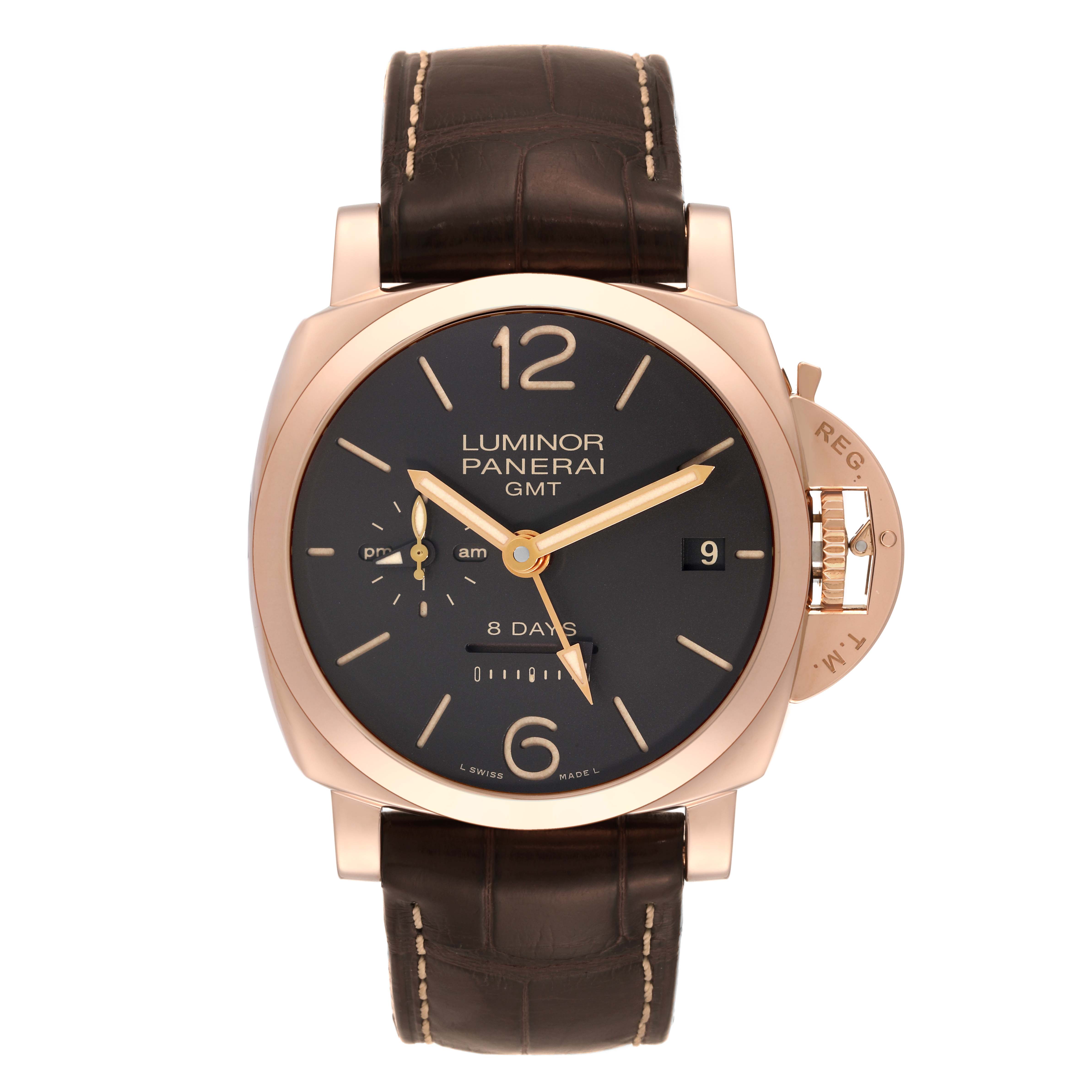 The image shows a front view of the Panerai Luminor PAM00576 Men's Rose Gold Brown Dial PAM00576 Men's Rose Gold Brown Dial GMT watch, highlighting its dial, case, and leather strap.