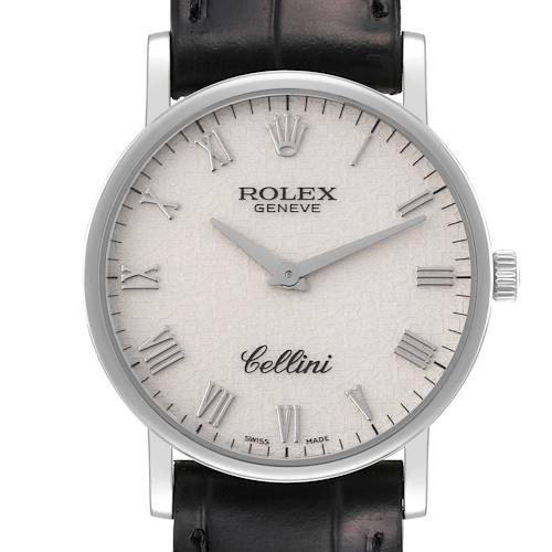 The image shows a front view of a Rolex Cellini 5115/9 Men's White Gold Beige Dial 5115/9 Men's White Gold Beige Dial watch, featuring its dial, hands, case, and part of the leather strap.