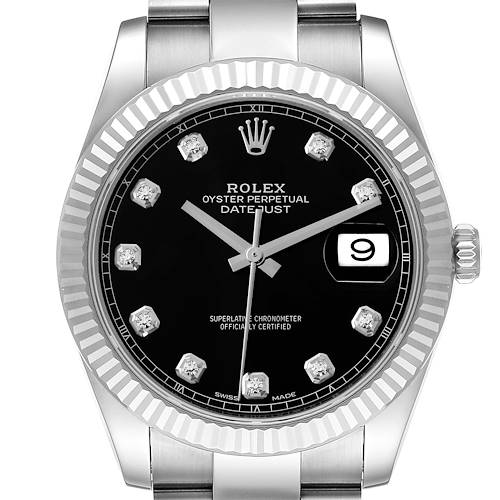 The Rolex Datejust 41 126334 Men's Stainless Steel Black Dial 126334 Men's Stainless Steel Black Dial is shown from the front, highlighting the black dial, diamond markers, fluted bezel, and date window.