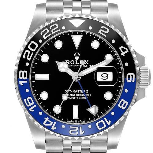 The image shows a front view of the Rolex GMT-Master 126710BLNR Men's Stainless Steel Black Dial 126710BLNR Men's Stainless Steel Black Dial II watch, highlighting the dial, bezel, and bracelet.