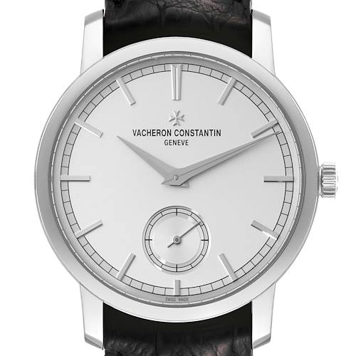 This image shows a front view of the Vacheron Constantin Traditionnelle 82172/000G-9383 Men's White Gold Silver Dial 82172/000G-9383 Men's White Gold Silver Dial watch, highlighting the dial, hands, and partially visible strap.