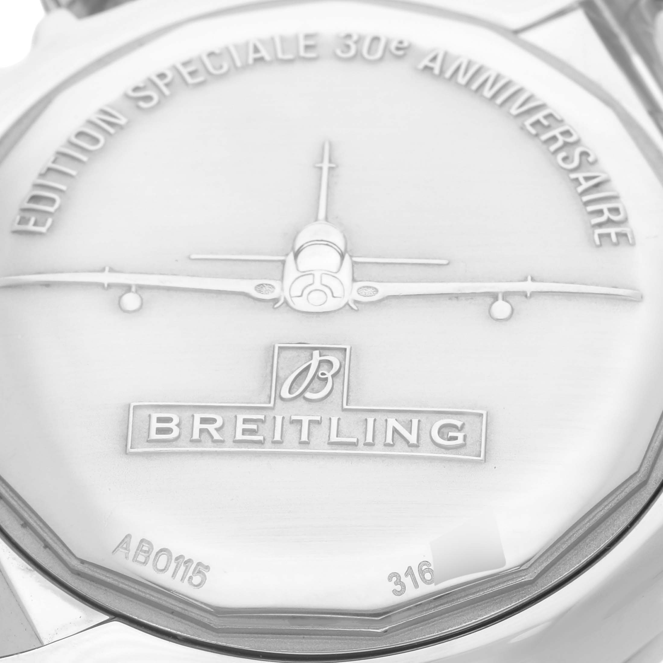 The image shows the case back of the Breitling Chronomat AB0115 Men's Stainless Steel Silver Dial AB0115 Men's Stainless Steel Silver Dial, highlighting its special edition engraving.