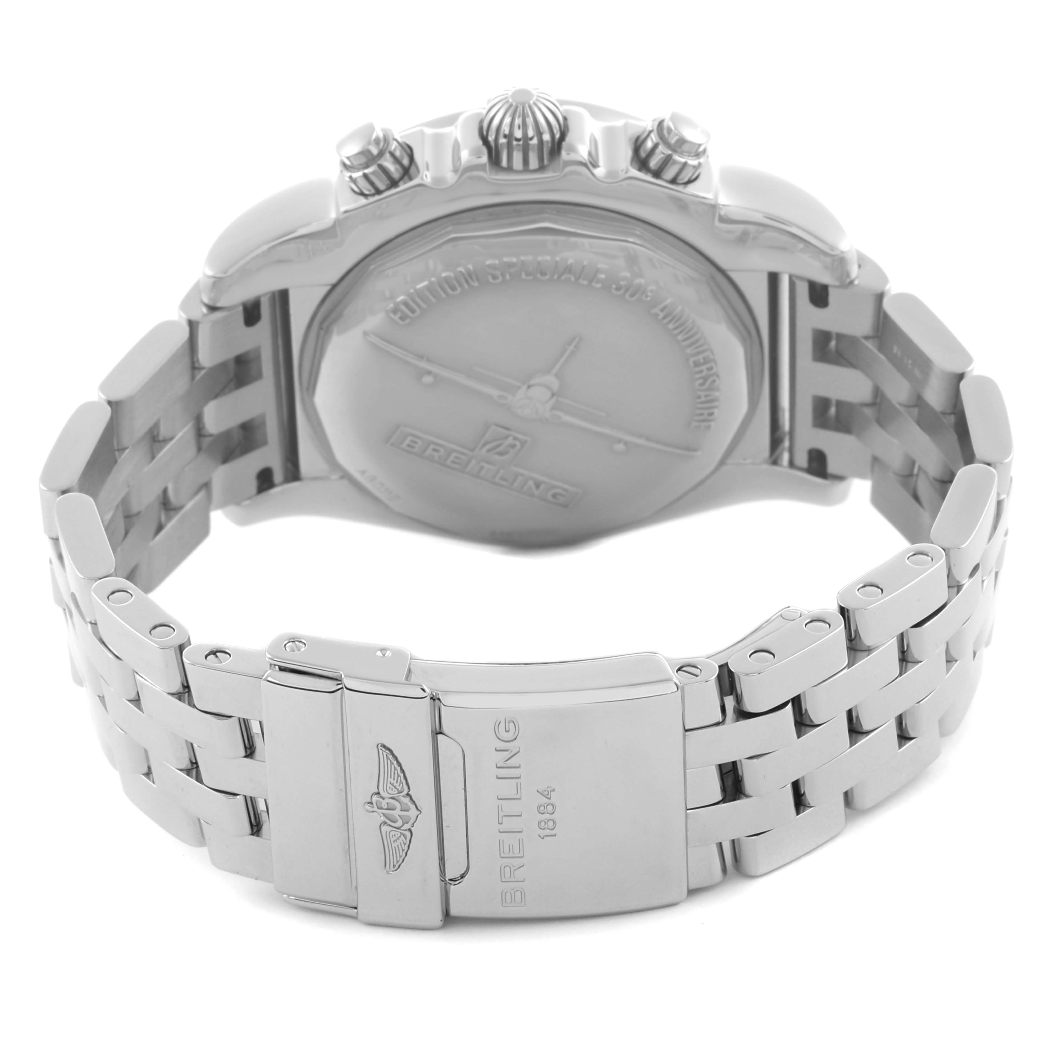 The image shows the Breitling Chronomat AB0115 Men's Stainless Steel Silver Dial AB0115 Men's Stainless Steel Silver Dial watch from the back, highlighting the case back, crown, pushers, and bracelet clasp.