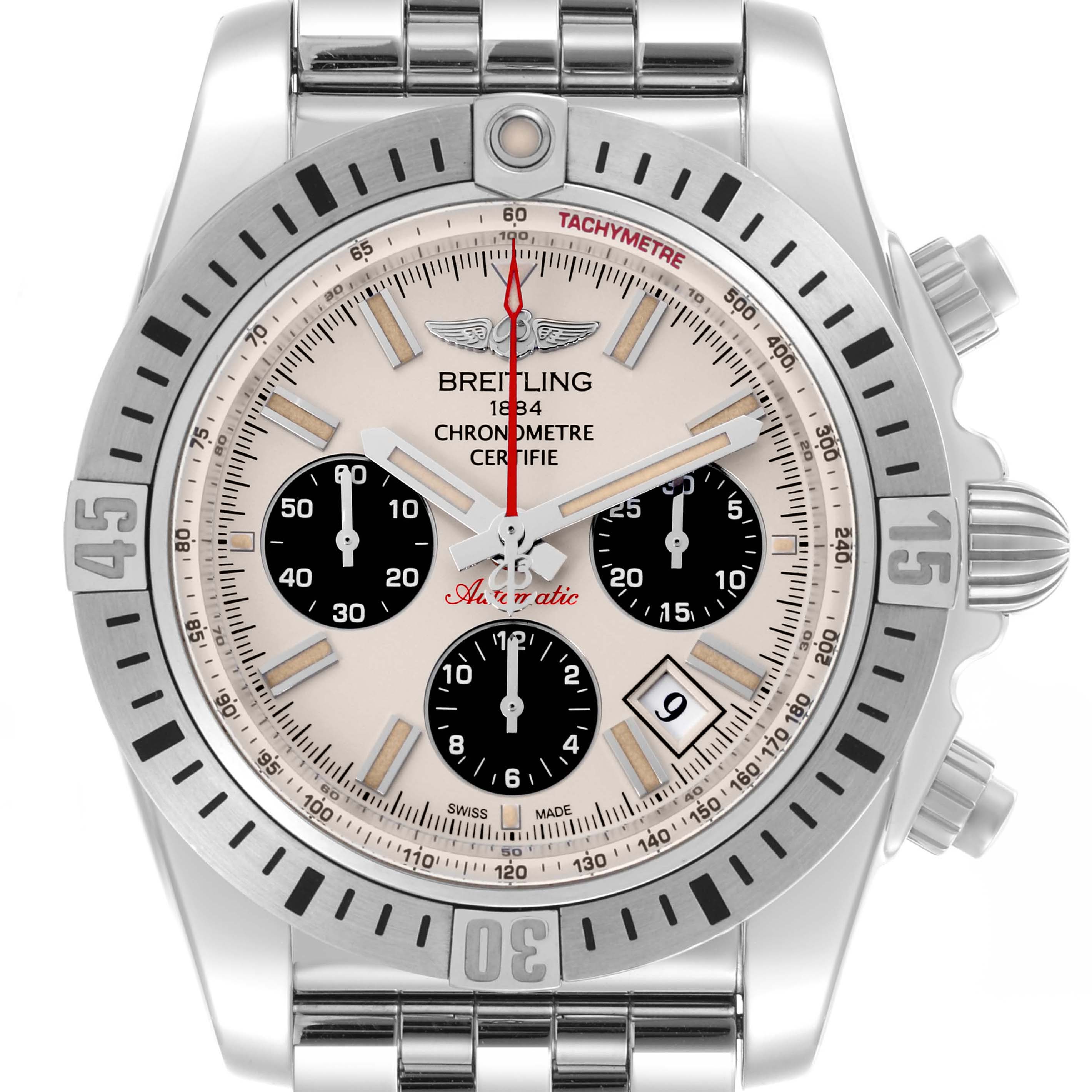 The Breitling Chronomat AB0115 Men's Stainless Steel Silver Dial AB0115 Men's Stainless Steel Silver Dial watch is shown from a front view, displaying the dial, subdials, bezel, and crown.