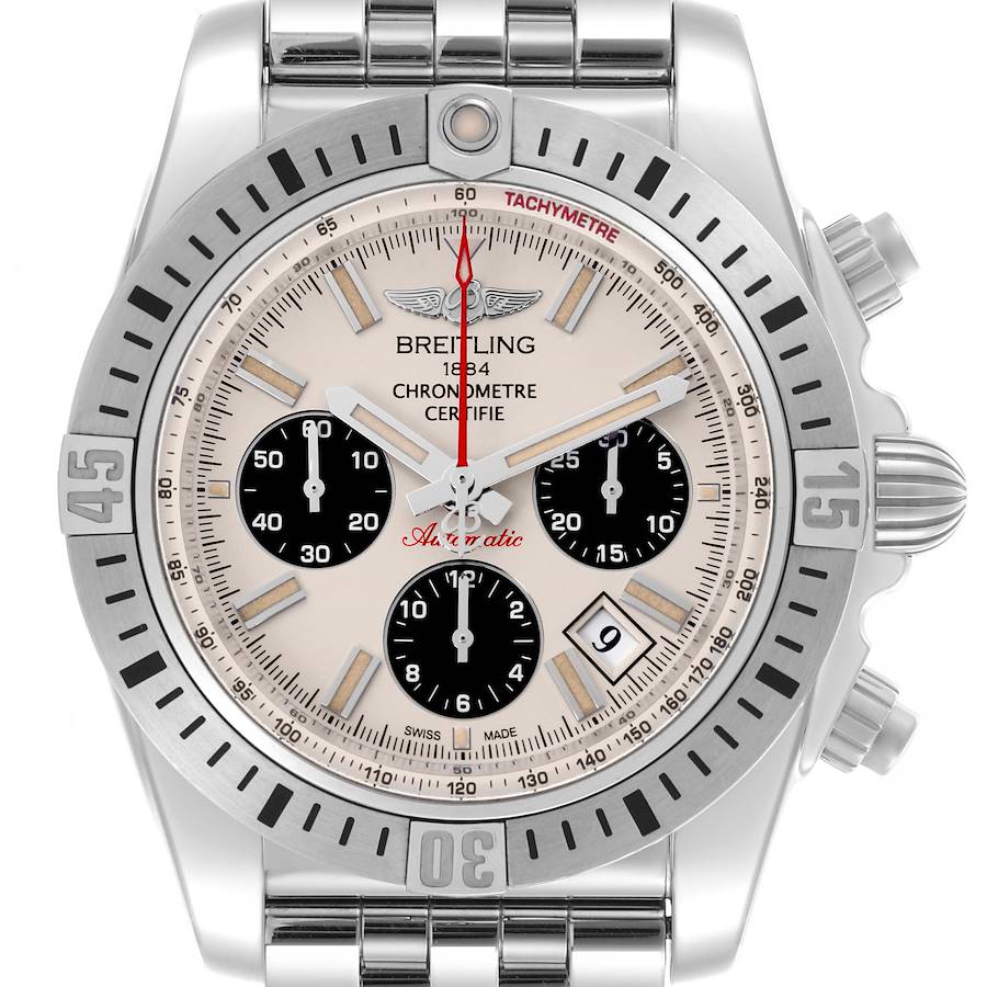 The Breitling Chronomat AB0115 Men's Stainless Steel Silver Dial AB0115 Men's Stainless Steel Silver Dial watch is shown from a front view, displaying the dial, subdials, bezel, and crown.