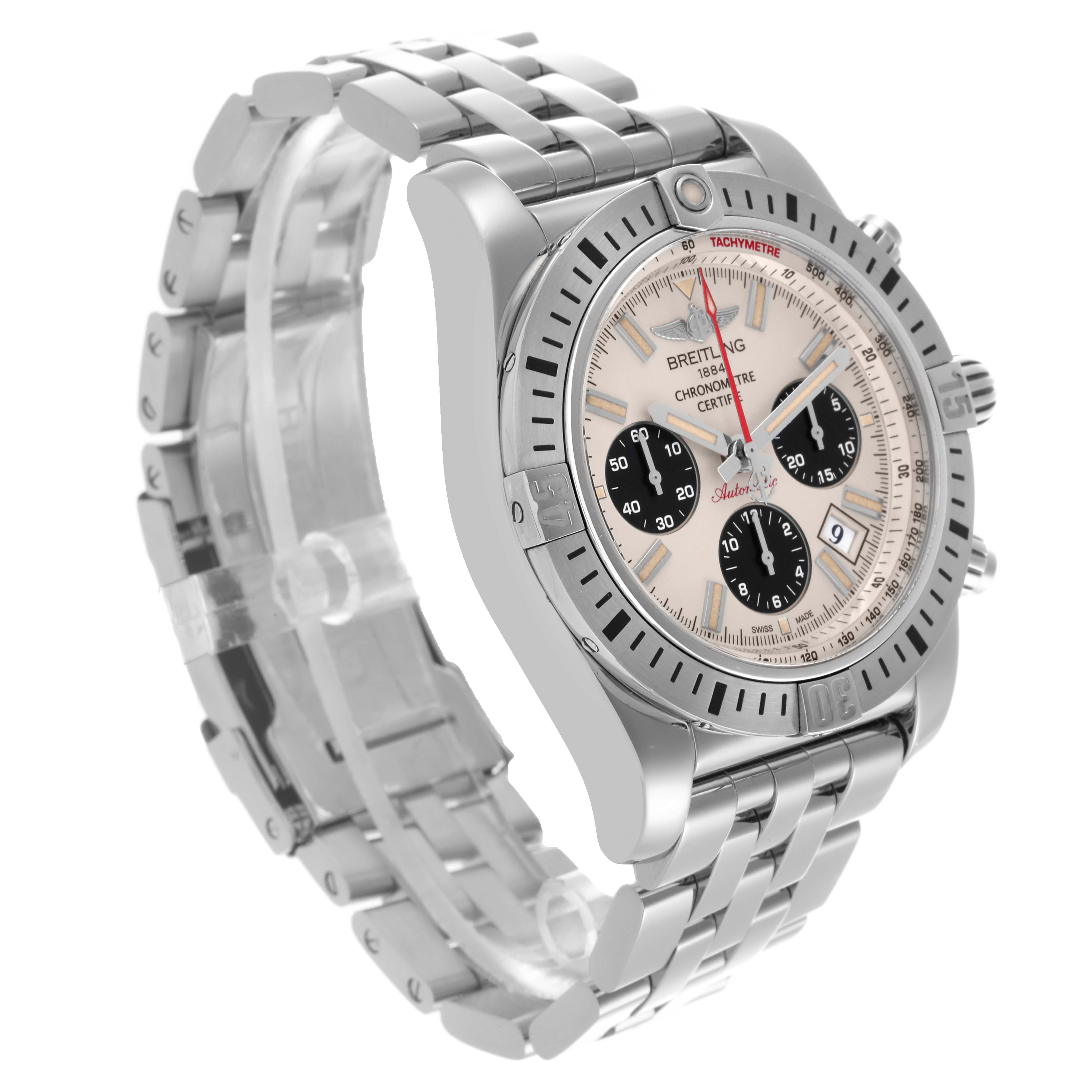 The Breitling Chronomat AB0115 Men's Stainless Steel Silver Dial AB0115 Men's Stainless Steel Silver Dial watch is shown at a three-quarter view, highlighting the dial, bezel, and metal bracelet.