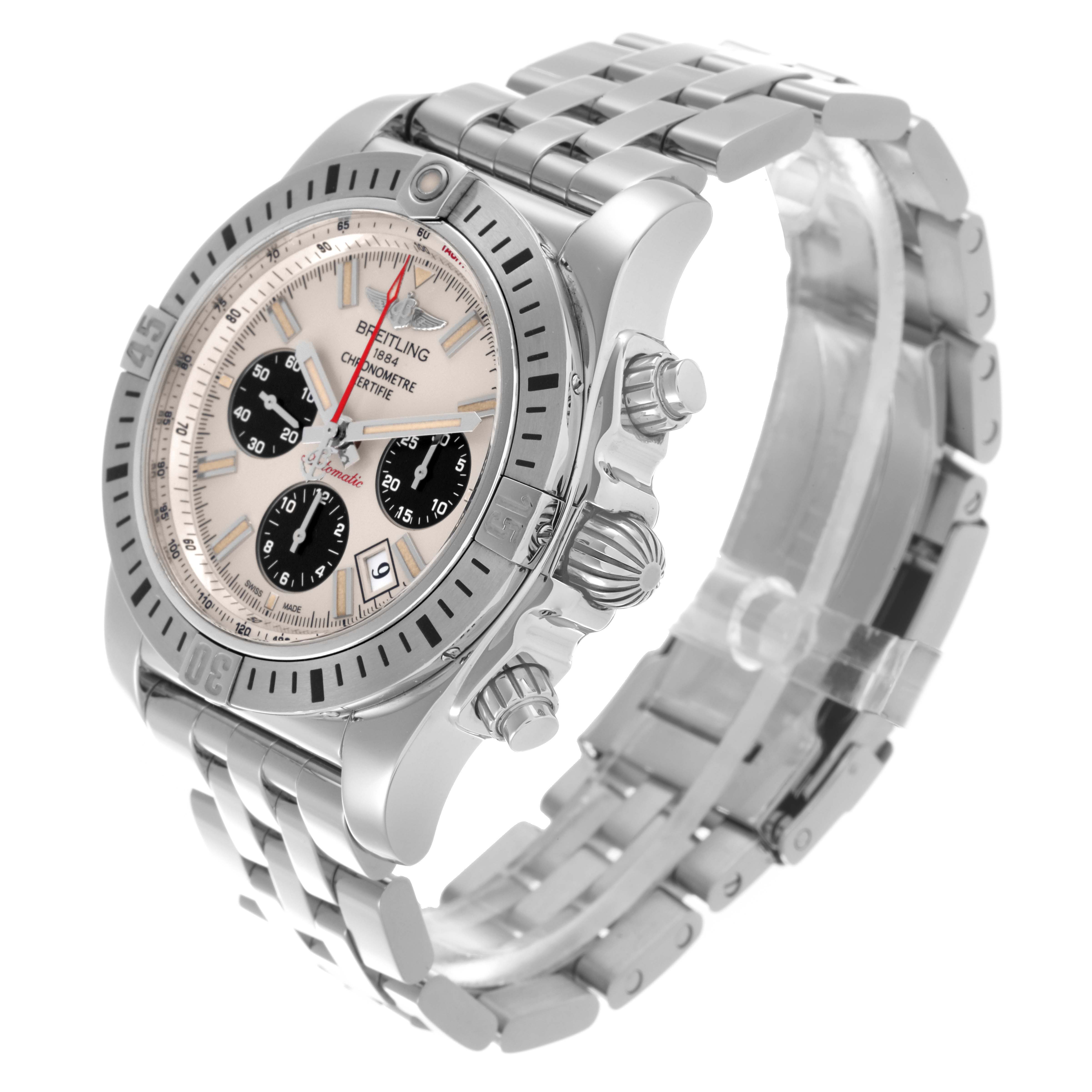 The Breitling Chronomat AB0115 Men's Stainless Steel Silver Dial AB0115 Men's Stainless Steel Silver Dial watch is shown at a three-quarter angle, highlighting the face, bezel, crown, pushers, and bracelet.