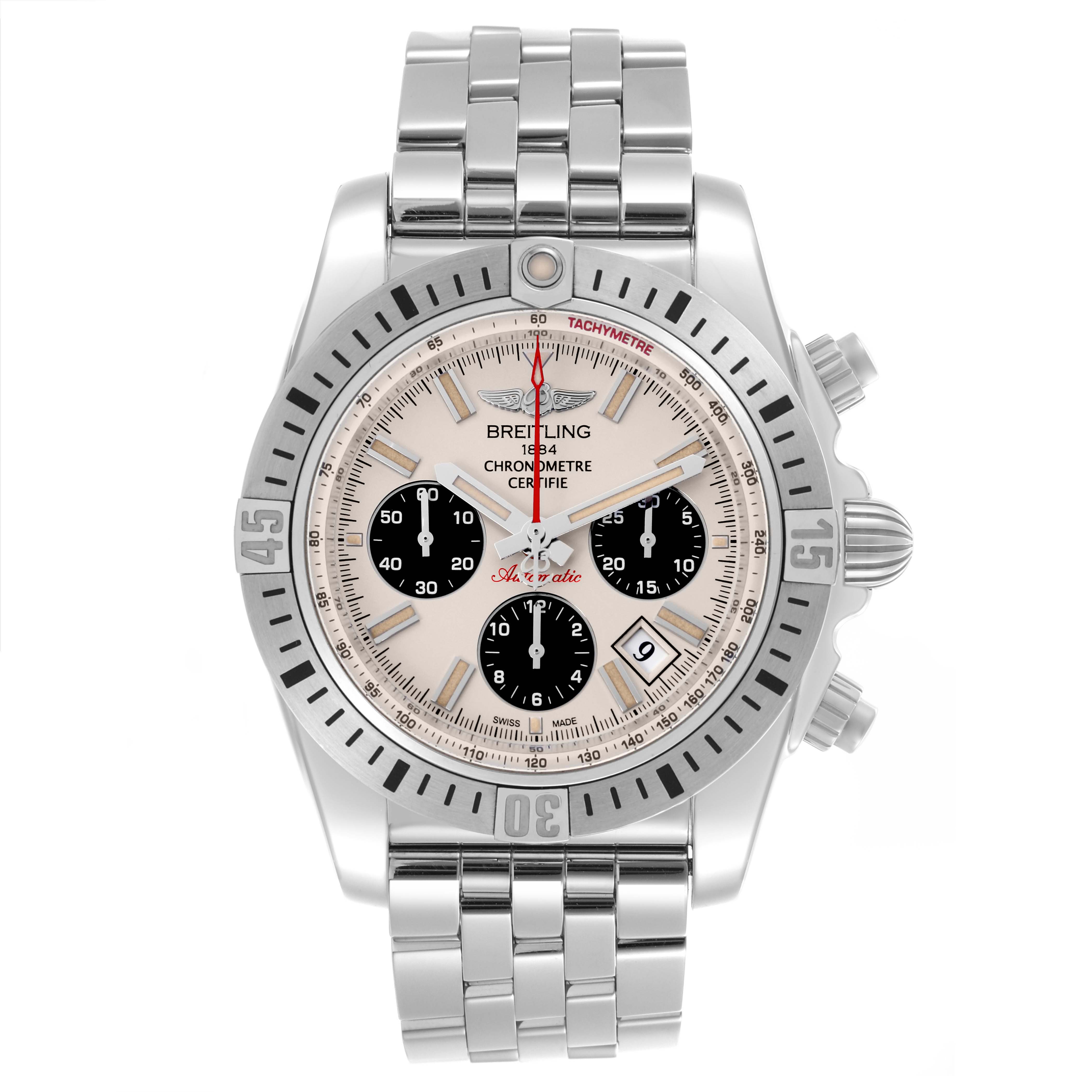 The Breitling Chronomat AB0115 Men's Stainless Steel Silver Dial AB0115 Men's Stainless Steel Silver Dial watch is shown from a front angle, displaying the face, bezel, and part of the bracelet.