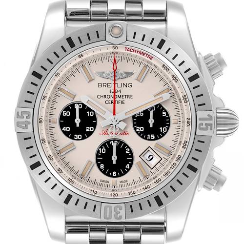 The Breitling Chronomat AB0115 Men's Stainless Steel Silver Dial AB0115 Men's Stainless Steel Silver Dial watch is shown from a front view, highlighting the face, bezel, subdials, and crown.