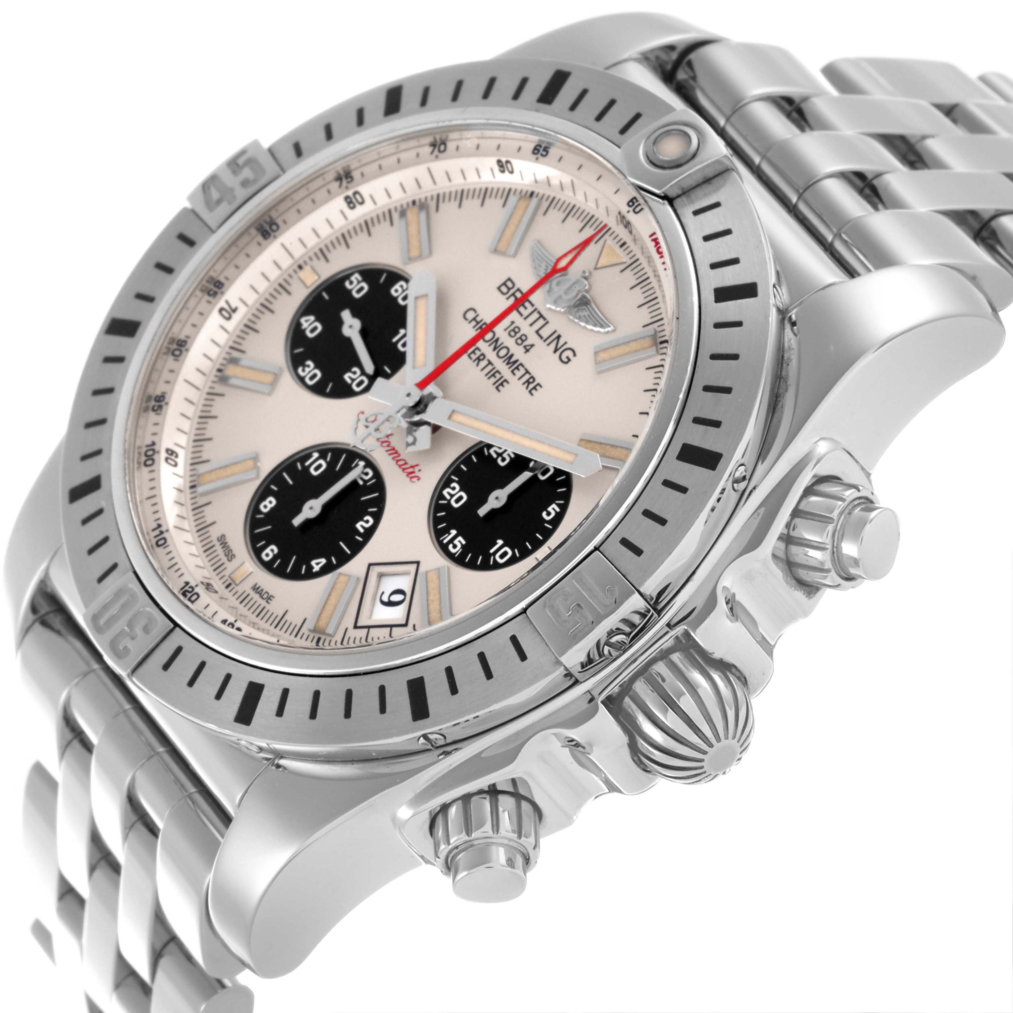 The image shows a Breitling Chronomat AB0115 Men's Stainless Steel Silver Dial AB0115 Men's Stainless Steel Silver Dial watch angled to highlight the dial, bezel, crown, pushers, and bracelet.