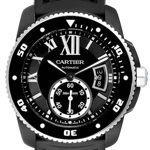 The image shows a front view of the Calibre de Cartier watch by Cartier, highlighting its black dial, bezel, and sub-dial.