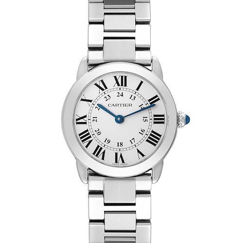 The Cartier Ronde W6701004 Women's Stainless Steel Silver Dial W6701004 Women's Stainless Steel Silver Dial watch is shown from a front angle, displaying the dial, Roman numerals, and metal bracelet.