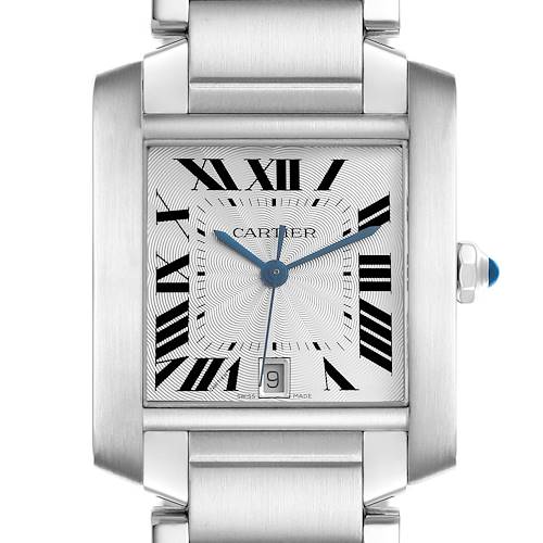 The Cartier Tank Française watch is shown from a frontal angle, displaying the face, Roman numerals, and part of the bracelet.