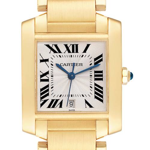 The image shows a front view of the Cartier Tank Française watch face and part of its gold bracelet.