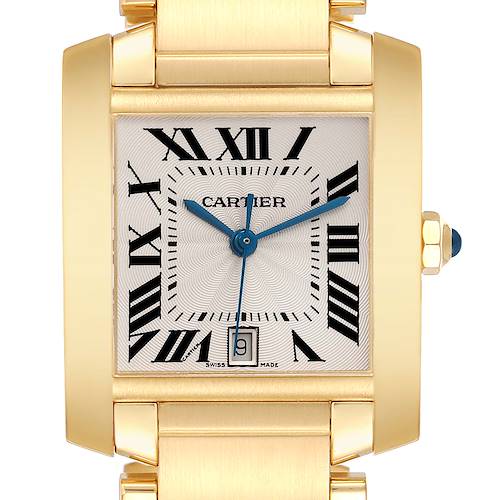 The image shows a front view of the Cartier Tank Française watch, highlighting the dial, hands, Roman numerals, and date window.