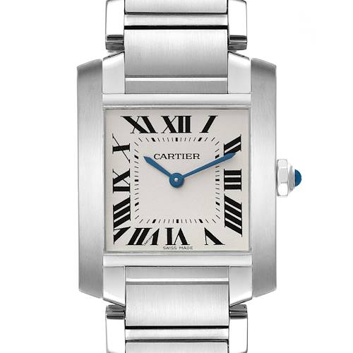 The Cartier Tank Francaise WSTA0005 Women's Stainless Steel Silver Dial WSTA0005 Women's Stainless Steel Silver Dial watch is shown from a front angle, highlighting the rectangular face and bracelet.