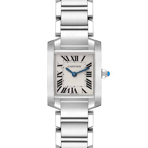 The Cartier Tank Française watch is shown from a front angle, highlighting the face, bracelet, and crown.