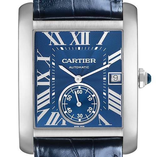 The Cartier Tank MC WSTA0010 Men's Stainless Steel Blue Dial WSTA0010 Men's Stainless Steel Blue Dial watch is shown from a front angle, highlighting the blue dial, Roman numerals, and date window.