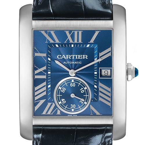 The Cartier Tank MC WSTA0010 Men's Stainless Steel Blue Dial WSTA0010 Men's Stainless Steel Blue Dial watch is shown from the front, displaying the dial, crown, and part of the strap.