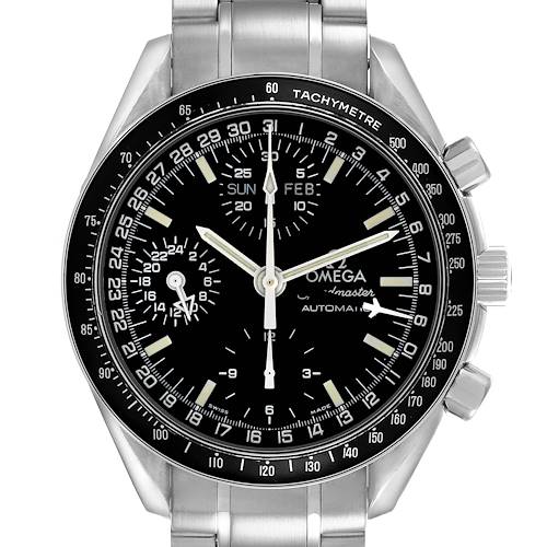 The Omega Speedmaster 3520.50.00 Men's Stainless Steel Black Dial 3520.50.00 Men's Stainless Steel Black Dial watch is shown from a front angle, displaying the face, dial, and part of the metal bracelet.