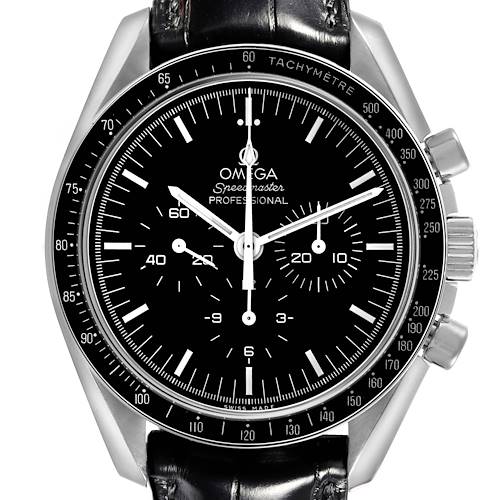 The Omega Speedmaster 311.30.42.30.01.006 Men's Stainless Steel Black Dial 311.30.42.30.01.006 Men's Stainless Steel Black Dial watch is shown from the front, displaying the dial, tachymeter bezel, and side pushers.