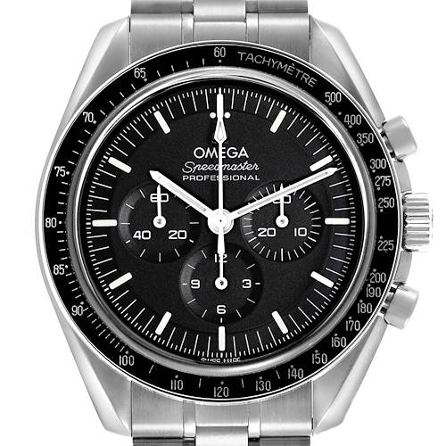 The Omega Speedmaster 310.30.42.50.01.002 Men's Stainless Steel Black Dial 310.30.42.50.01.002 Men's Stainless Steel Black Dial watch is shown from the front, highlighting its face, bezel, and bracelet.