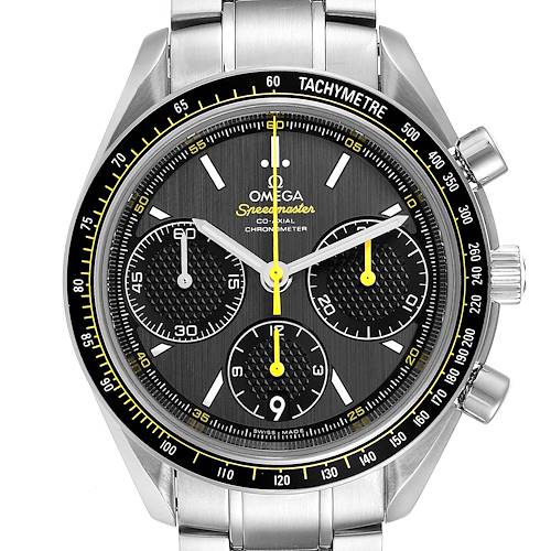 This image shows a frontal view of the Omega Speedmaster 326.30.40.50.06.001 Men's Stainless Steel Grey Dial 326.30.40.50.06.001 Men's Stainless Steel Grey Dial watch, highlighting its dial, subdials, tachymeter scale, and stainless steel bracelet.
