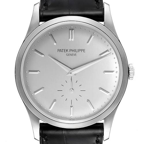 This image shows a front view of the Patek Philippe Calatrava 5196G Men's White Gold Silver Dial 5196G Men's White Gold Silver Dial watch, highlighting its dial, hands, and leather strap.