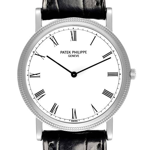 The image shows a front view of the Patek Philippe Calatrava 3520 Men's White Gold White Dial 3520 Men's White Gold White Dial watch, highlighting the face, Roman numerals, and black leather strap.