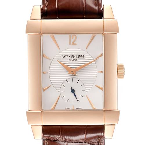 The Patek Philippe Gondolo 5111R-001 Men's Rose Gold Silver Dial 5111R-001 Men's Rose Gold Silver Dial watch is shown from a front angle, highlighting its square dial, rose gold case, and brown leather strap.