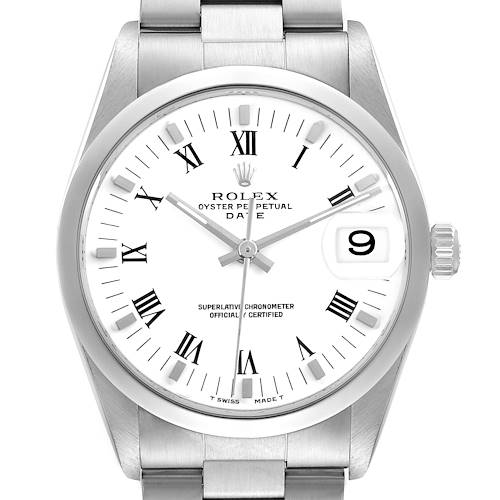 The image shows a frontal view of the Rolex Date 15200 Men's Stainless Steel White Dial 15200 Men's Stainless Steel White Dial model watch, highlighting the dial, bezel, crown, and part of the bracelet.
