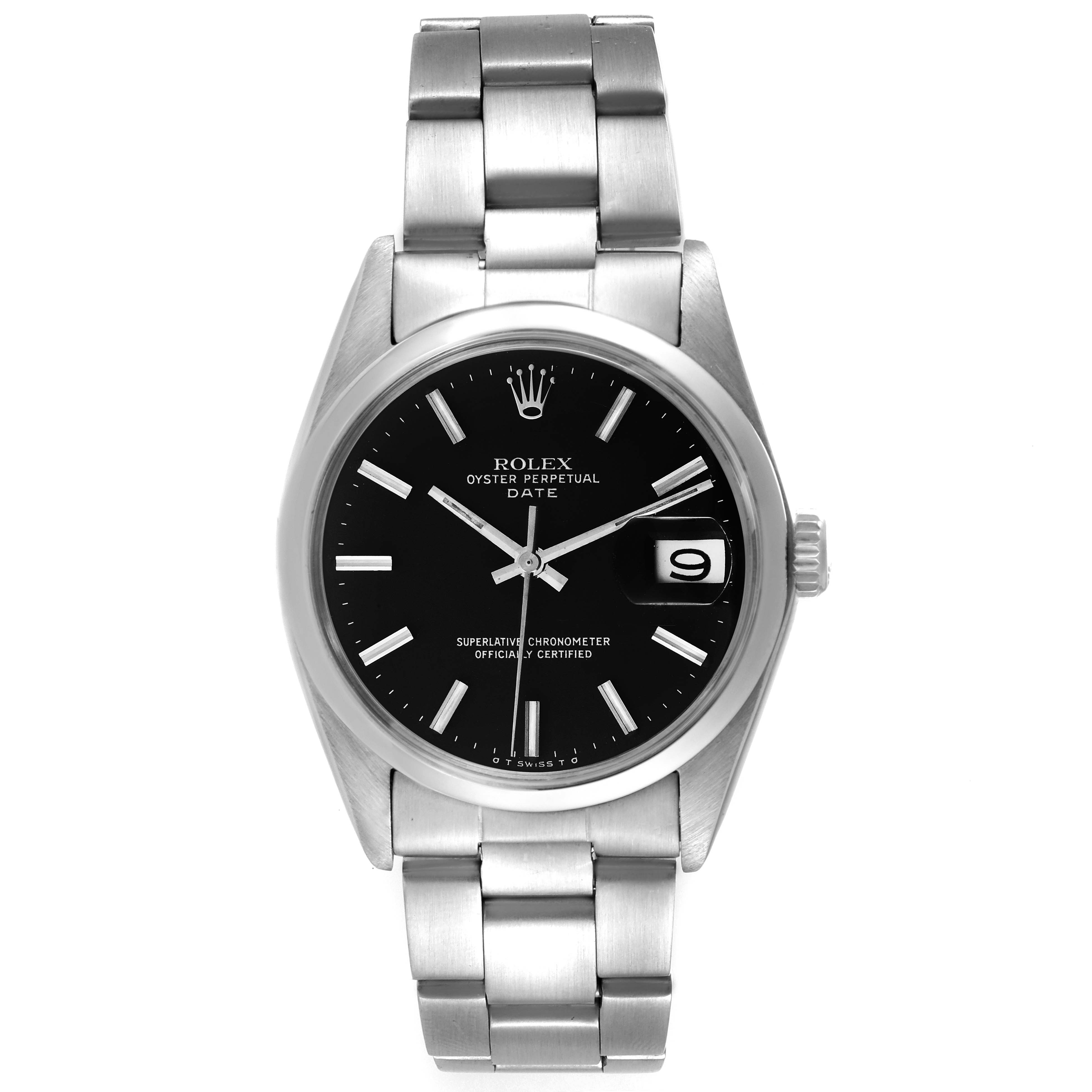 This is a front view of a Rolex Date 1500 Men's Stainless Steel Black Dial 1500 Men's Stainless Steel Black Dial model watch, showing its face, bezel, and metal bracelet.