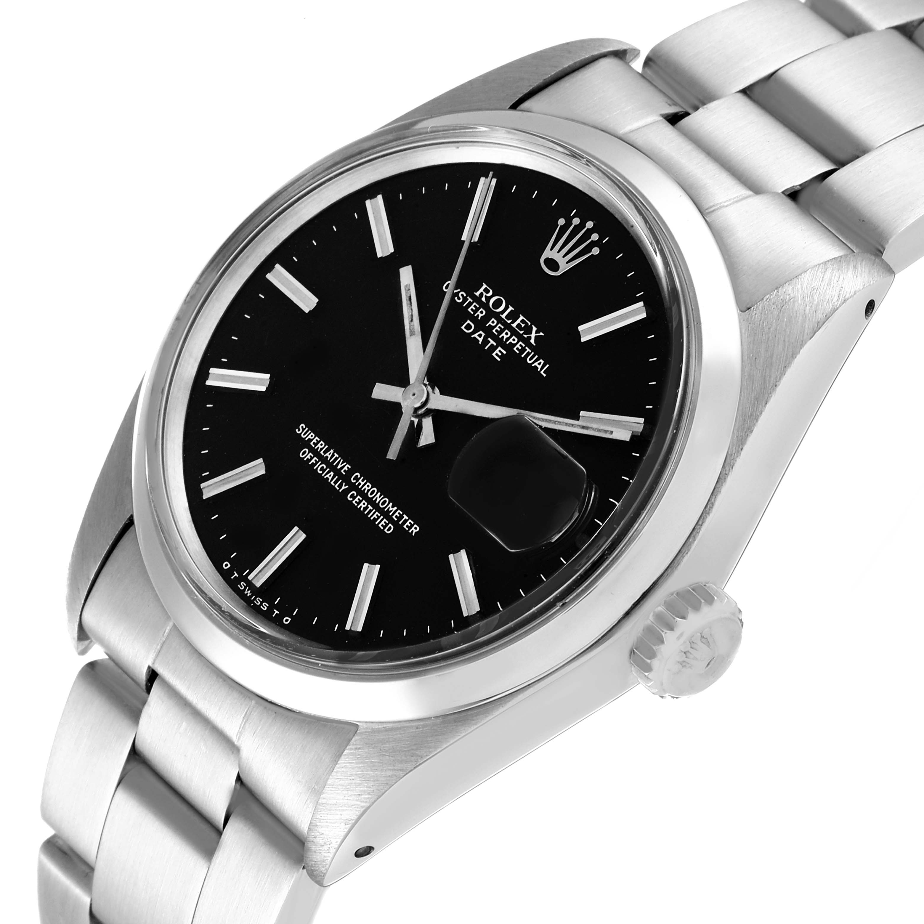 The Rolex Date 1500 Men's Stainless Steel Black Dial 1500 Men's Stainless Steel Black Dial model watch is shown from an angle highlighting the dial, bezel, crown, and part of the bracelet.