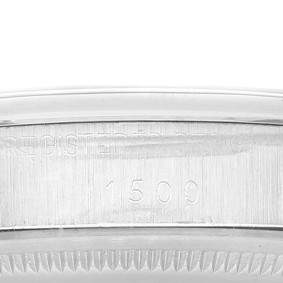 Close-up of the engraved side and bezel of a Rolex Date 1500 Men's Stainless Steel Black Dial 1500 Men's Stainless Steel Black Dial model watch, showing the reference number 1500.