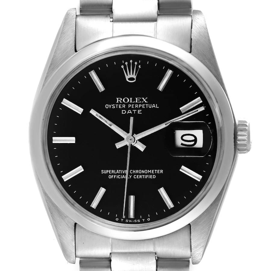 This image shows a front view of a Rolex Oyster Perpetual Date watch, highlighting the dial, hands, crown, and bracelet.