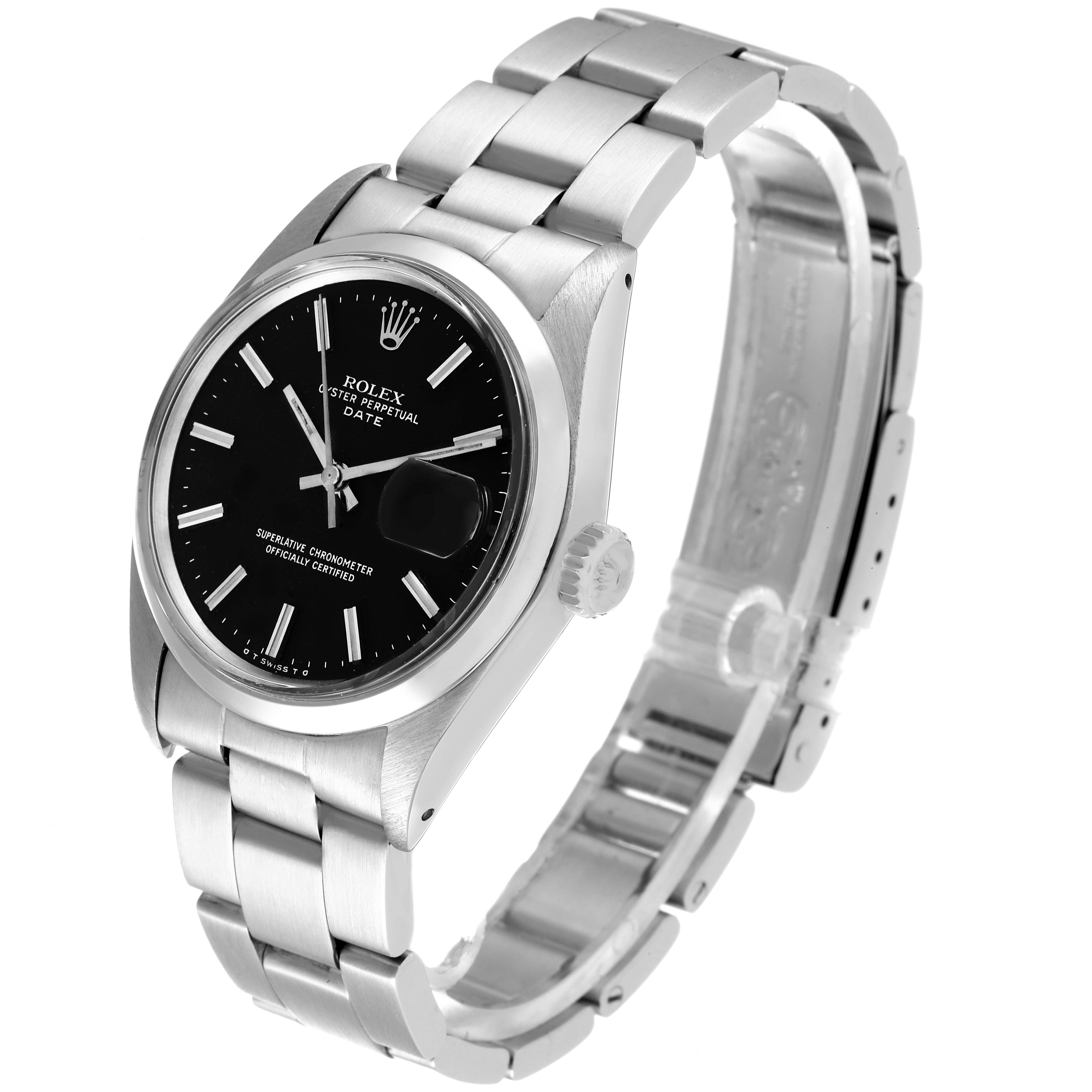 The Rolex Date 1500 Men's Stainless Steel Black Dial 1500 Men's Stainless Steel Black Dial model watch is shown from a tilted angle, highlighting the face, crown, and bracelet.