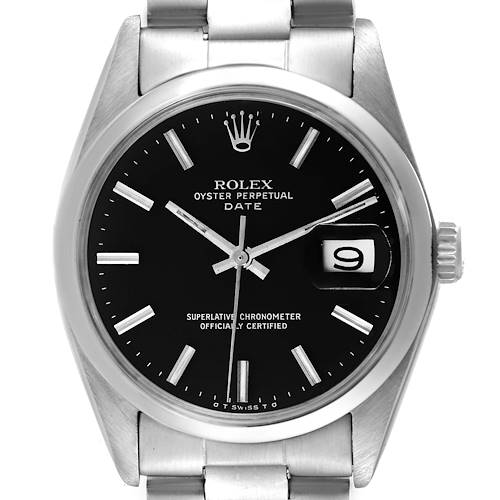 This image shows a front view of a Rolex Date 1500 Men's Stainless Steel Black Dial 1500 Men's Stainless Steel Black Dial model watch, displaying the face, bezel, and part of the bracelet.