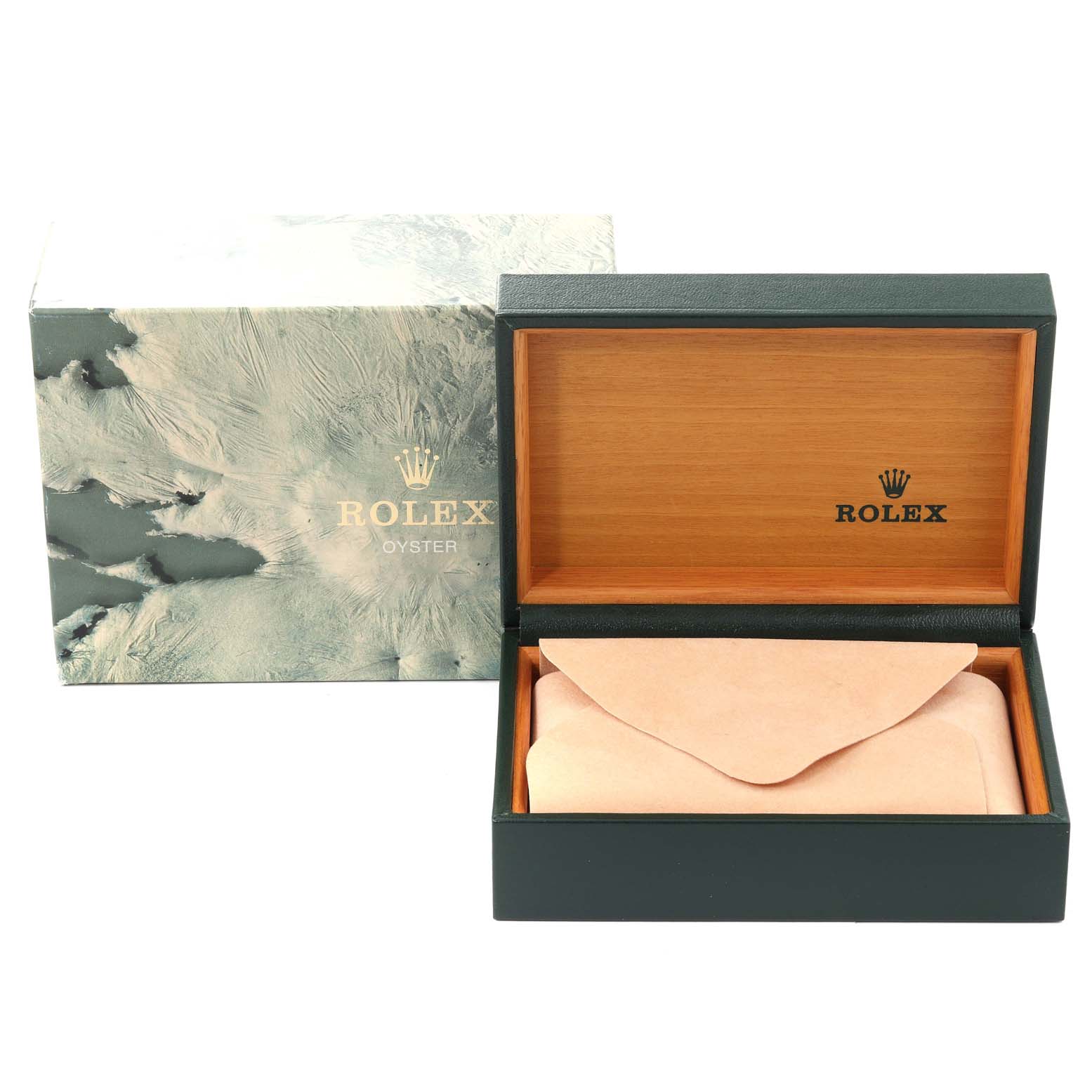 This image shows the packaging box and open wooden case of a Rolex Date 1500 Men's Stainless Steel Black Dial 1500 Men's Stainless Steel Black Dial model watch.