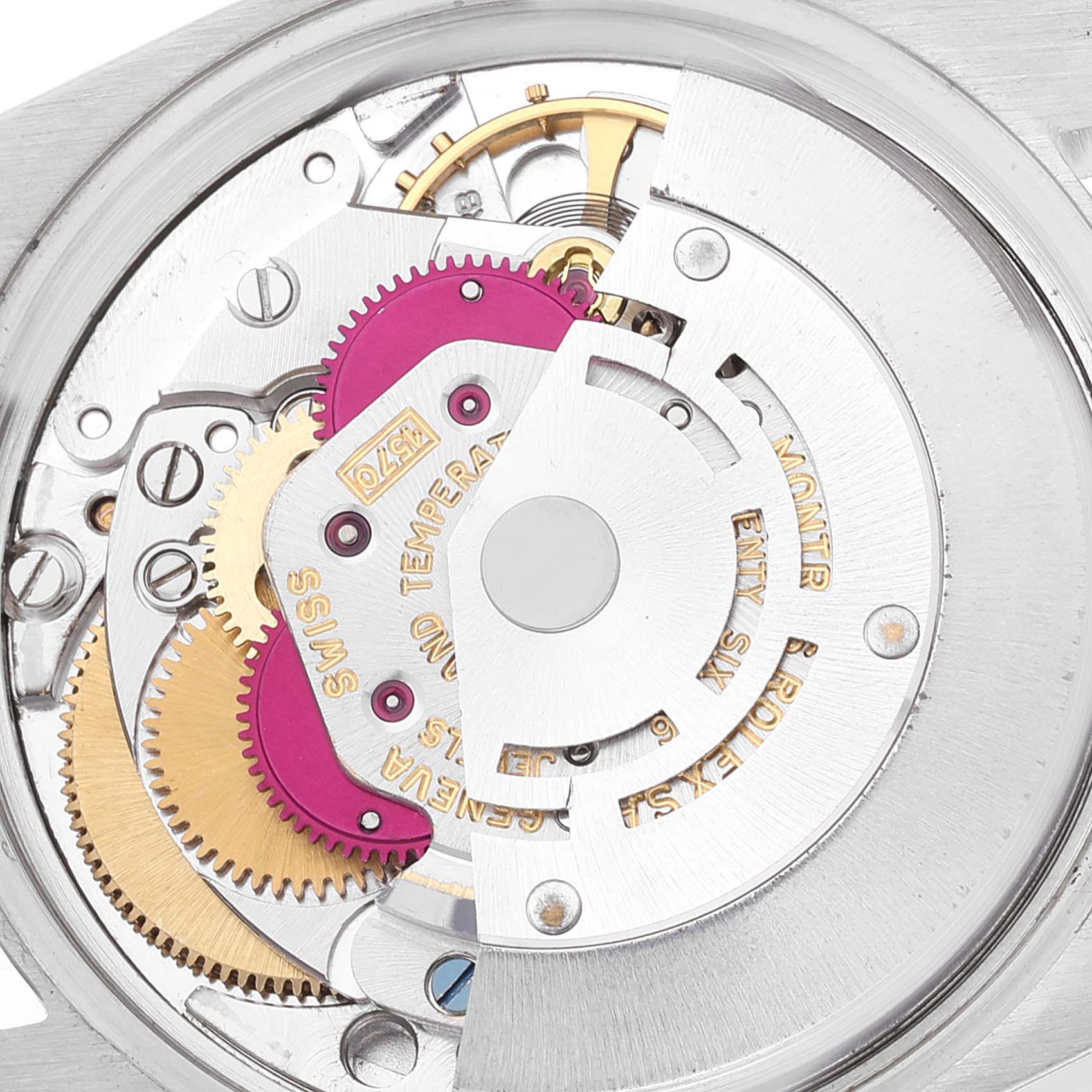 The image shows a close-up of the inner mechanical components of a Rolex Date 1500 Men's Stainless Steel Black Dial 1500 Men's Stainless Steel Black Dial model watch.