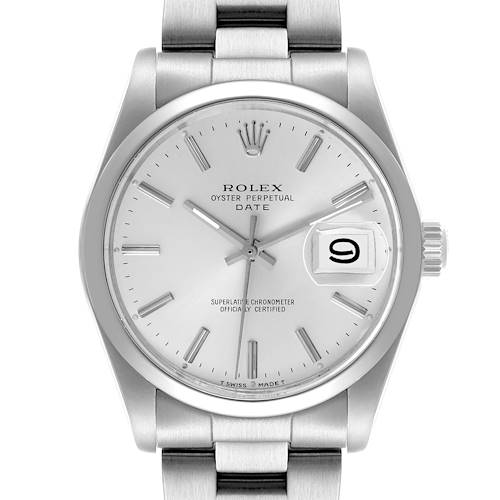 The image shows a front view of the Rolex Vintage Collection 15000 Men's Stainless Steel Silver Dial 15000 Men's Stainless Steel Silver Dial watch, displaying the dial and part of the bracelet.