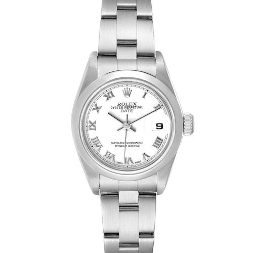 This image shows a Rolex Date 79160 Women's Stainless Steel White Dial 79160 Women's Stainless Steel White Dial model watch from a front view, highlighting the bracelet, dial, hands, and date window.
