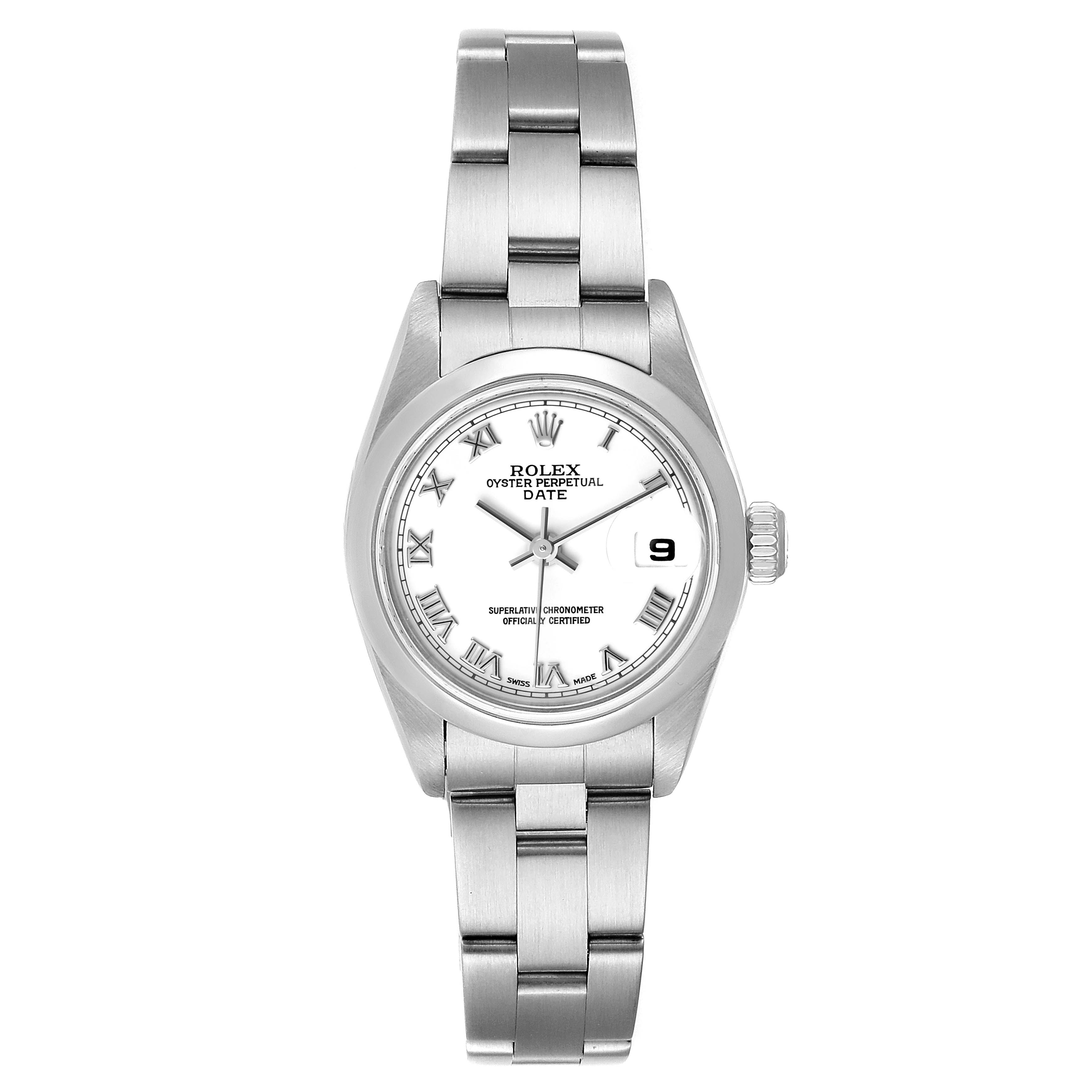 This image shows a front view of the Rolex Date 79160 Women's Stainless Steel White Dial 79160 Women's Stainless Steel White Dial model watch, highlighting its dial, bezel, crown, and bracelet.