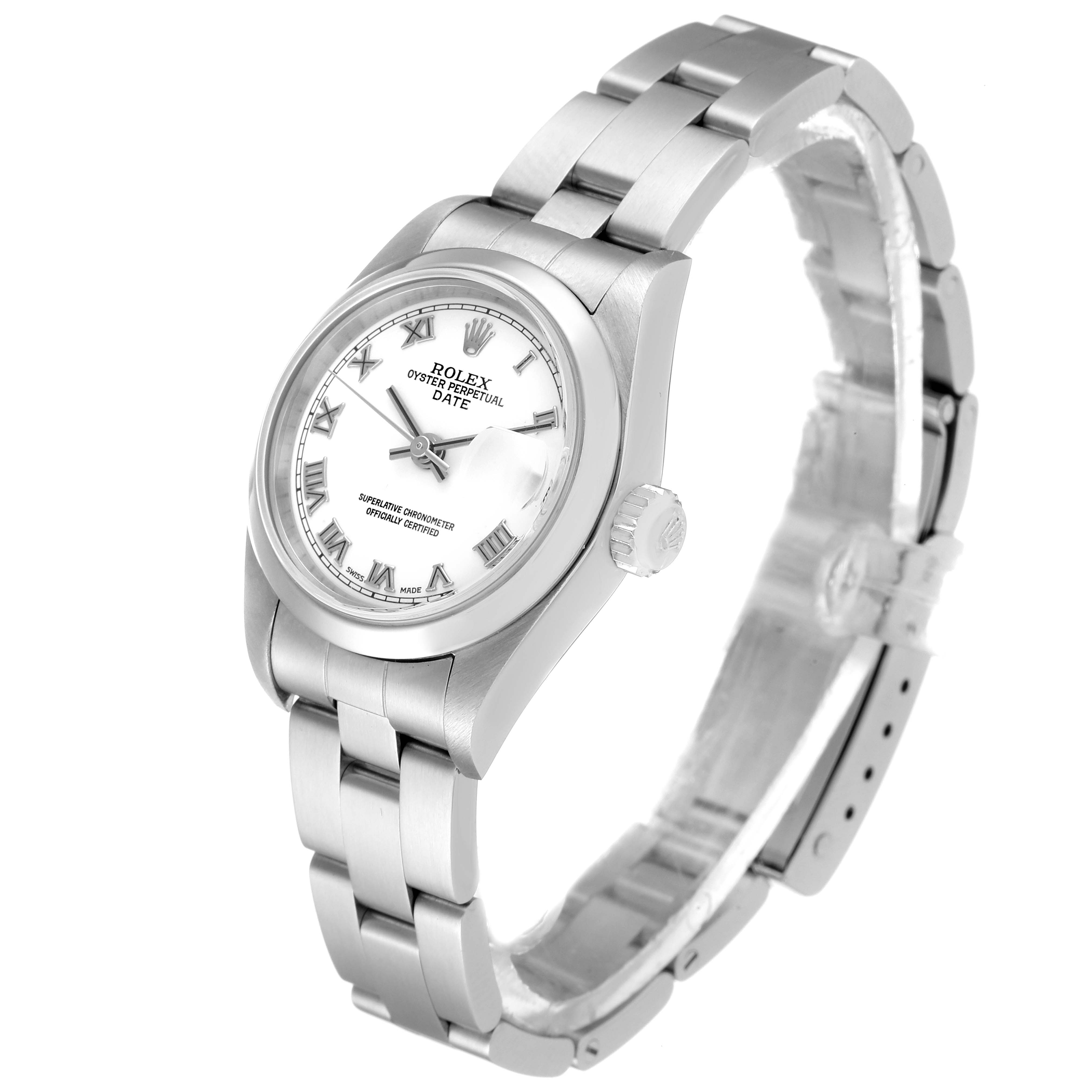 The image shows a Rolex Date 79160 Women's Stainless Steel White Dial 79160 Women's Stainless Steel White Dial model watch at an angled view focusing on the dial, crown, and band.